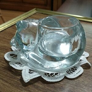 Vintage Clear Indiana Glass Cat Tealight / Votive Holder